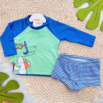 Linha Praia - Blusa com Proteção UV50 Jacaré + e Sunga - Verde e Azul